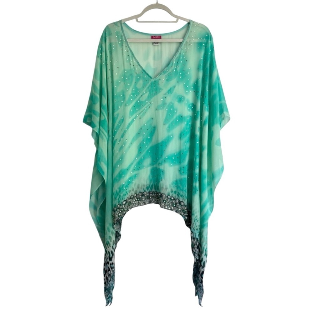Ranees Sheer Boho Tunic Beach Coverup Turquoise Blue Asymmetrical Rhinestone M